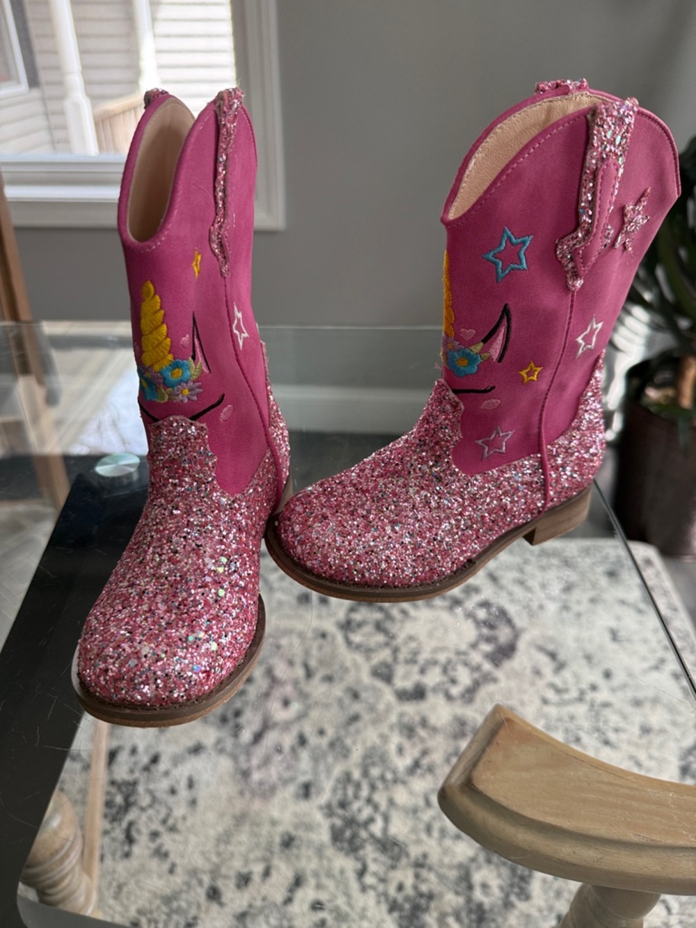 Girls Pink Glitter Unicorn Cowboy Boots